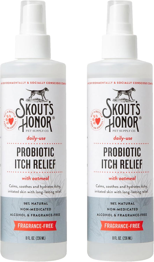 SKOUT'S HONOR Probiotic Itch Relief Spray for Pets - Non-Medicated, Fragrance-Free, Natural, Vegan, Long-Lasting Relief, with Soothing Aloe & Avocado Oil, 8 oz, 2-Pack