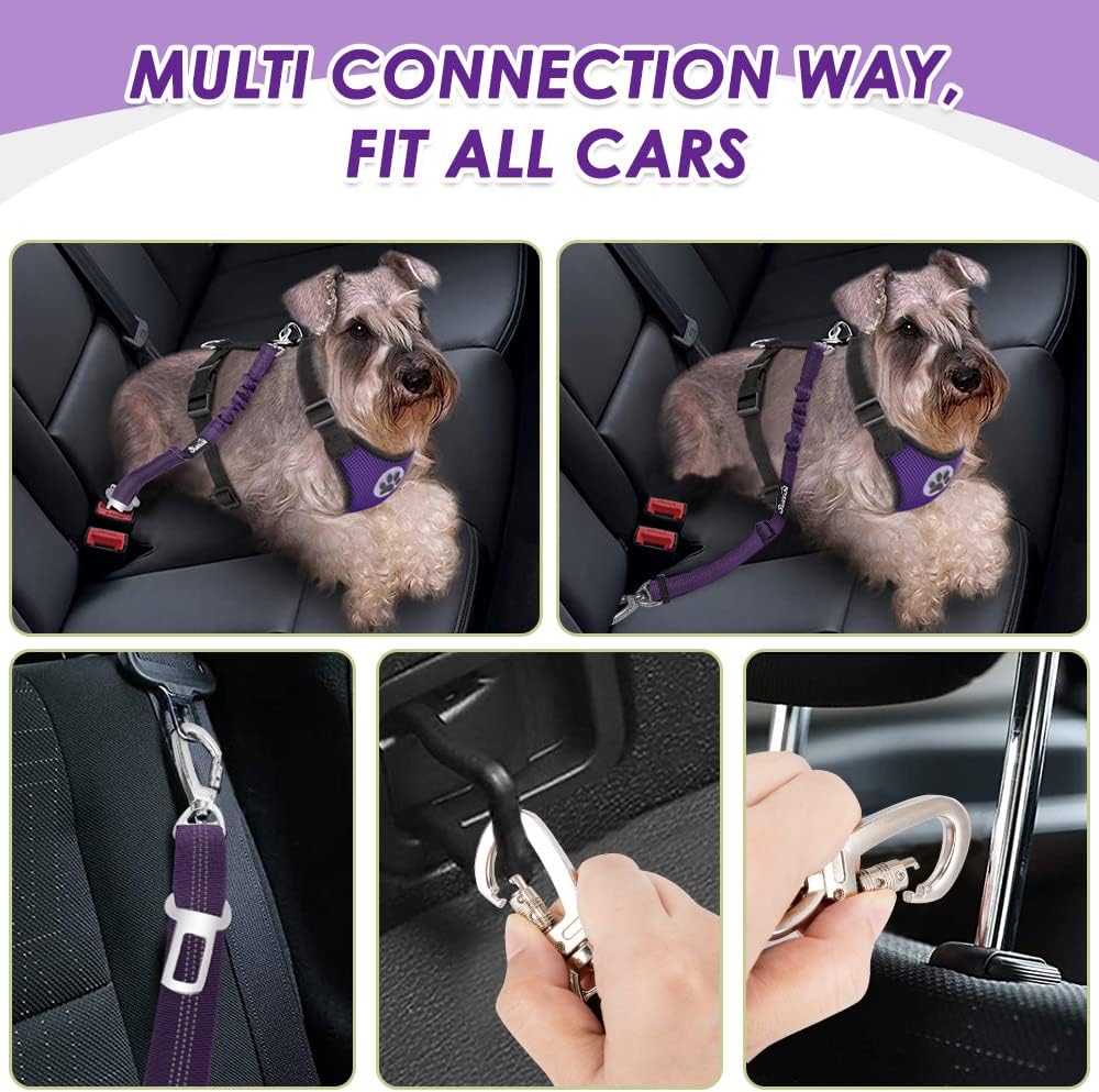 Lukovee Dog Seat Belt for Car, Adjustable Dog Car Harness for Large Medium Small Dogs, Soft Padded & Breathable Mesh Dog Seatbelt with Car Strap and Carabiner(Purple Double Clip,XXX-Small)