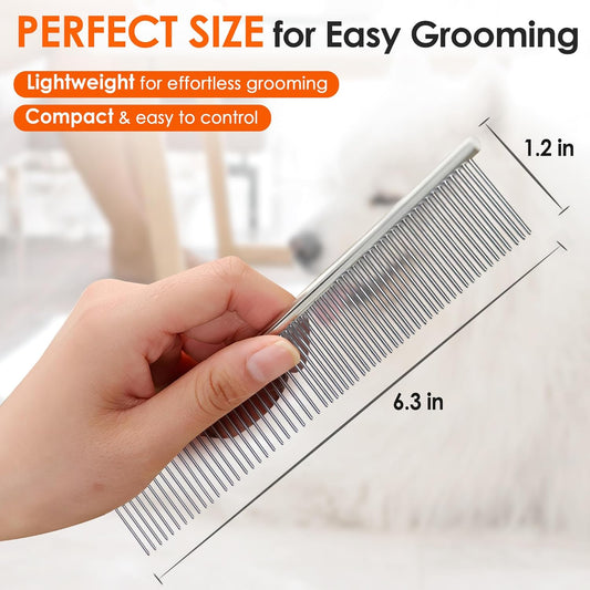 Dog Comb to Remove Tangles and Knots, Cat Comb with Stainless Steel Teeth and Non-Slip Handle, Dog combs for grooming matting for Long Haired Pets (Small)