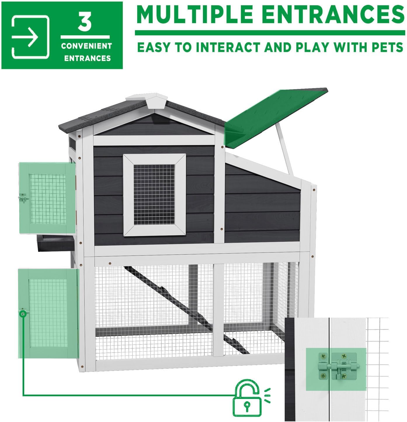 2 Story Rabbit Cage, Weatherproof Rabbit Hutch Indoor & Outdoor, Wooden Guinea Pig Cages with Removable Tray Openable Roof for Small to Medium Animals