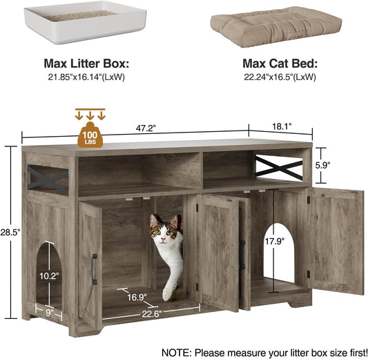 Cat Litter Box Enclosure for 2 Cats, 47" Hidden Litter Box Furniture Cat Washroom with Double Large Room, Farmhouse Indoor Litter Box Cabinet TV Stand, Grey