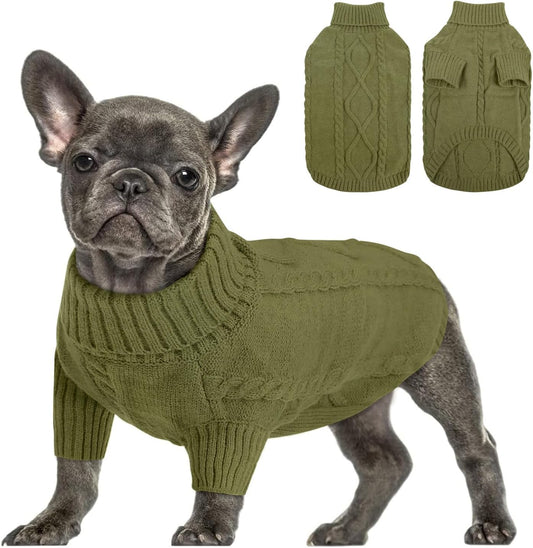 Queenmore Small Dog Pullover Sweater, Cold Weather Cable Knitwear, Classic Turtleneck Thick Warm Clothes for Chihuahua, Bulldog, Dachshund, Pugl,OliveGreen,S