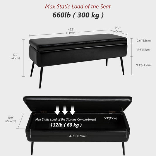 Leather Storage Ottoman Bench,End of Bed Bench for Living Room Bedroom Dinning Room Entryway,Mid-Century Modern,Faux Leather,with Steel Legs,Safety Hinges,Loads 660 lb (Without Button, Black)
