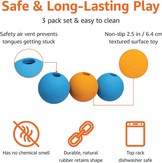 Amazon Basics Dog Toys, Interactive Fetch Rubber Balls, (Pack of 3), 2.5 inch, Blue, Orange