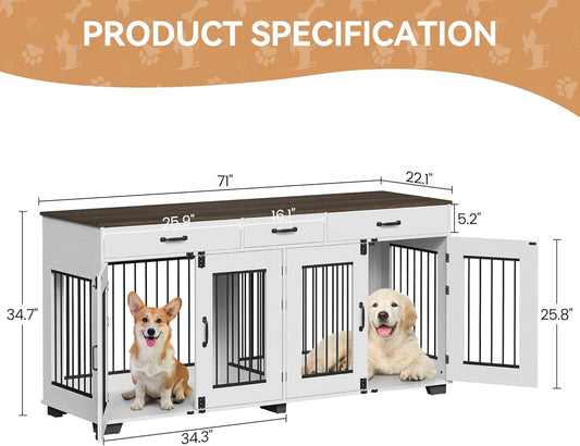 71 in Dog Crate Furniture for 2 Dogs, Wooden Double Dog Crate with 3 Drawers and Removable Room Divider, XXL Indoor Dog Kennel TV Stand End Table with Double Doors for Large Medium Dogs, White