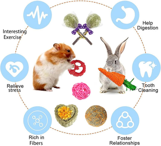 Grddaef 18 PCS Bunny Toys, Rabbit Toys Guinea Pig Toy Natural Apple Wood Grass Timothy Sticks Chew and Treat for Guinea Pigs Hamster Chinchillas