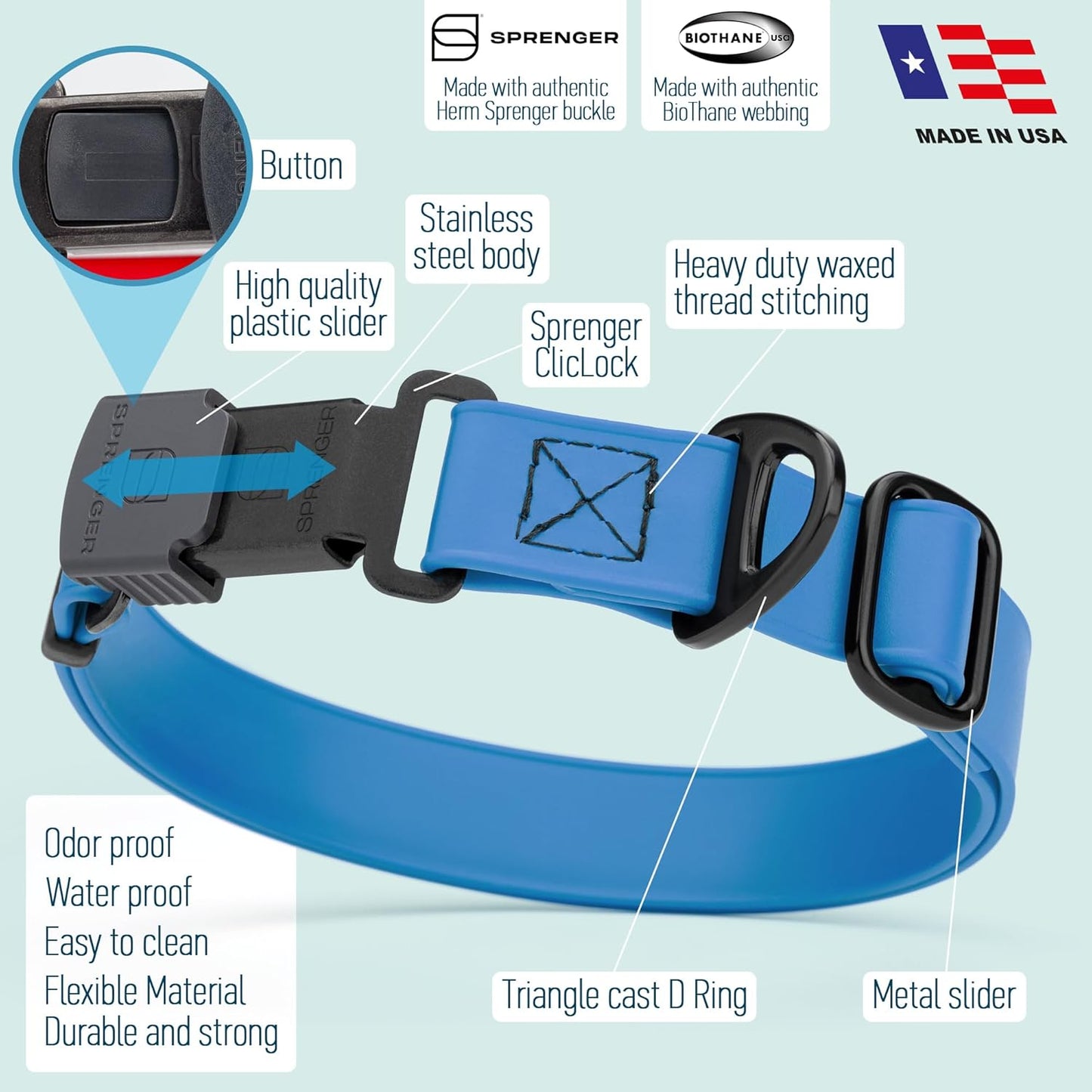 Dogline Biothane Waterproof Dog Collar with Herm Sprenger Stainless Steel Quick Release Buckle – Heavy Duty Tactical Durable Collar for Dogs – Comfortable and Safe Pet Collar, W 1" L 15-25", Blue