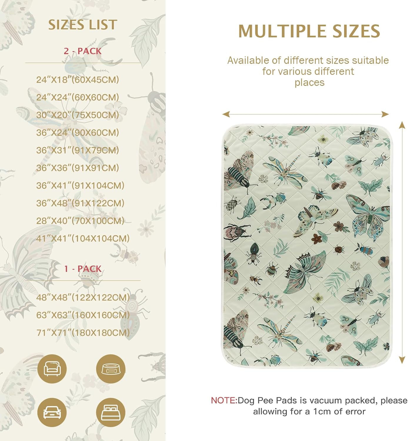 IEUUMLER Washable Pee Pads for Dogs, 2 Pack Insect Pattern Reusable Waterproof Puppy Potty Pads, Non-Slip Absorbent Pet Training Pads for Playpen Crate Bed EU014