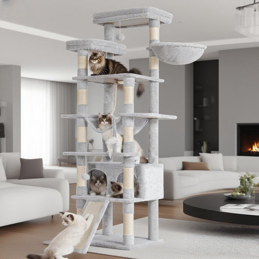 Heybly Tall Cat Tree, 78-inch Multi-Level Cat Tower for Indoor Cats, 2 Widened Plush Perches Cat Condo with Scratching Board and Big Caves, Light Gray HCT033W