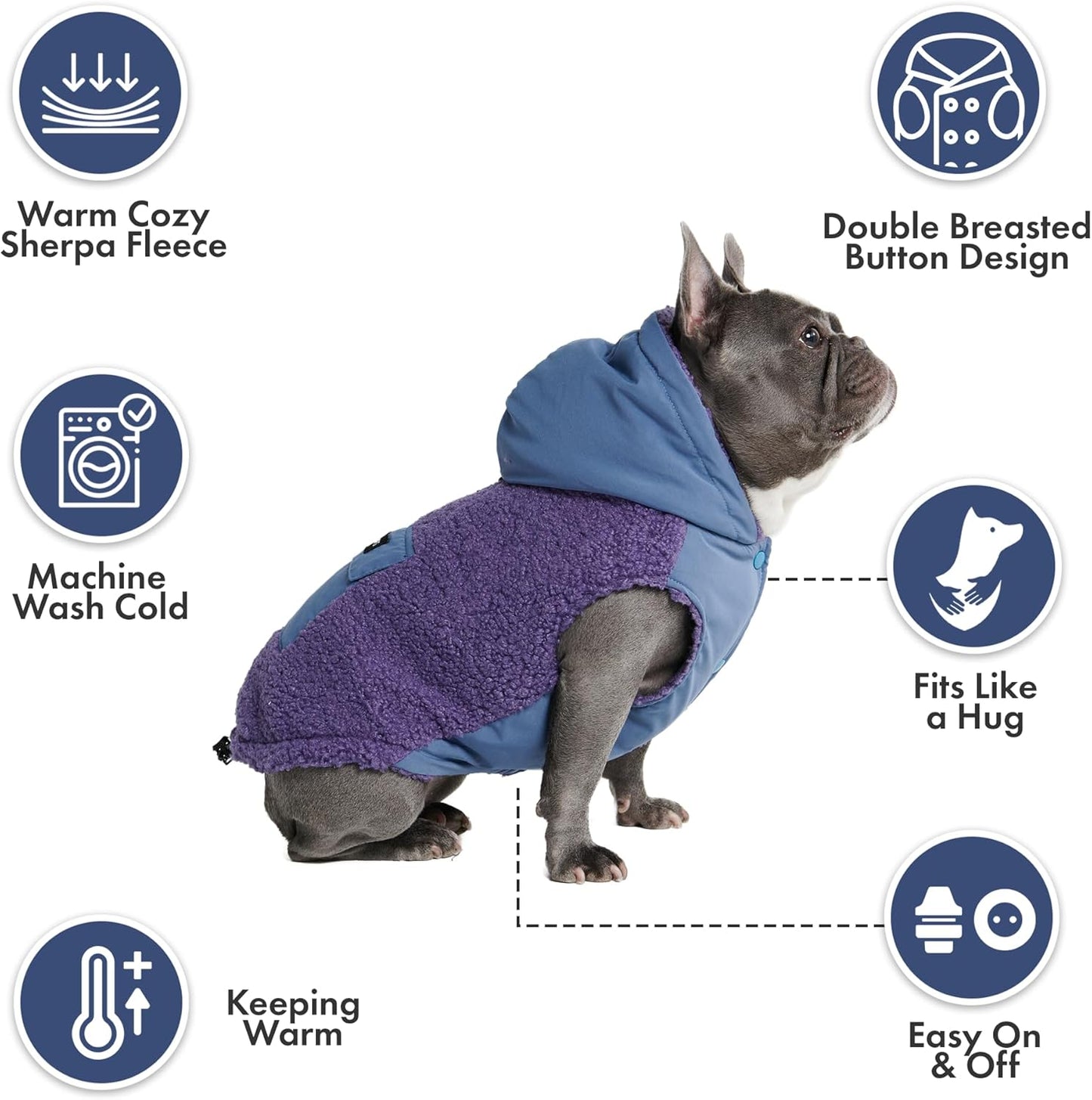 Spark Paws Reversible Dog Sweater, Sherpa Jacket Vest with Warm Fleece Lining, Warm Coat for Winter, Suitable for Small Medium, Large, XL XXL Dogs - Purple and Navy Blue - S