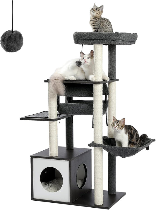 PEQULTI 51.4 Inches Modern Cat Tree Premium 6 Levels Wooden Cat Tower with Fully Sisal Covered Scratching Posts, Cozy Condo, Spacious Perch, Super Large Hammock and Swing Tunnel for Indoor Cats Gray
