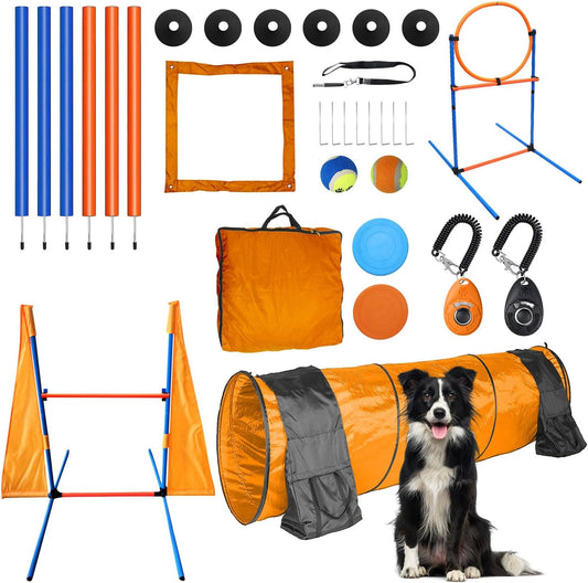 Dog Agility Training Equipment Set Outdoor Indoor Game, Tire Jump + Hurdle Jump, Tunnel, Weave Poles, Pause, 2 Toy Balls, 2 Discs, 1 Whistle, 1 Bag, 2 Training Clicker Backyard Dog Obstacle Course Kit