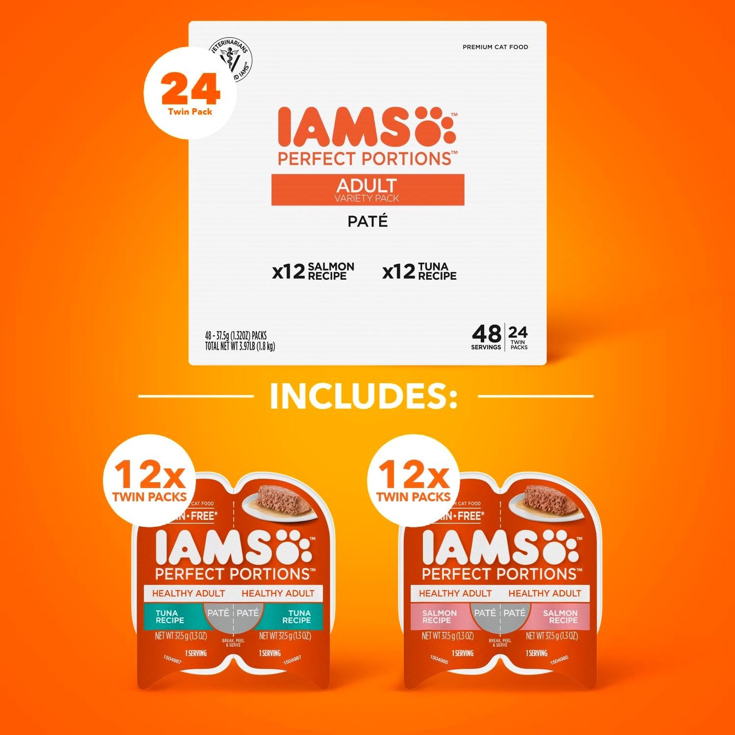 IAMS Perfect Portions Healthy Adult Wet Cat Food Pate, Salmon and Tuna Recipe Variety Pack, 2.6 oz. Twin-Pack Trays (24 Count, 48 Servings)