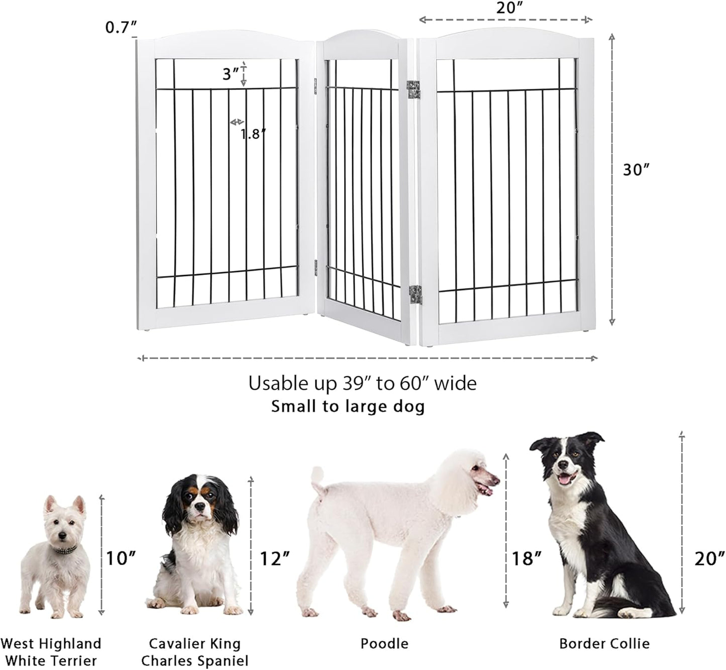 Spirich Freestanding Wire Pet Gate for Dogs, 60 inches Extra Wide, 30 inches Tall Dog Gate for The Houes, Doorway, Stairs, Pet Puppy Safety Fence, White 3 Panels