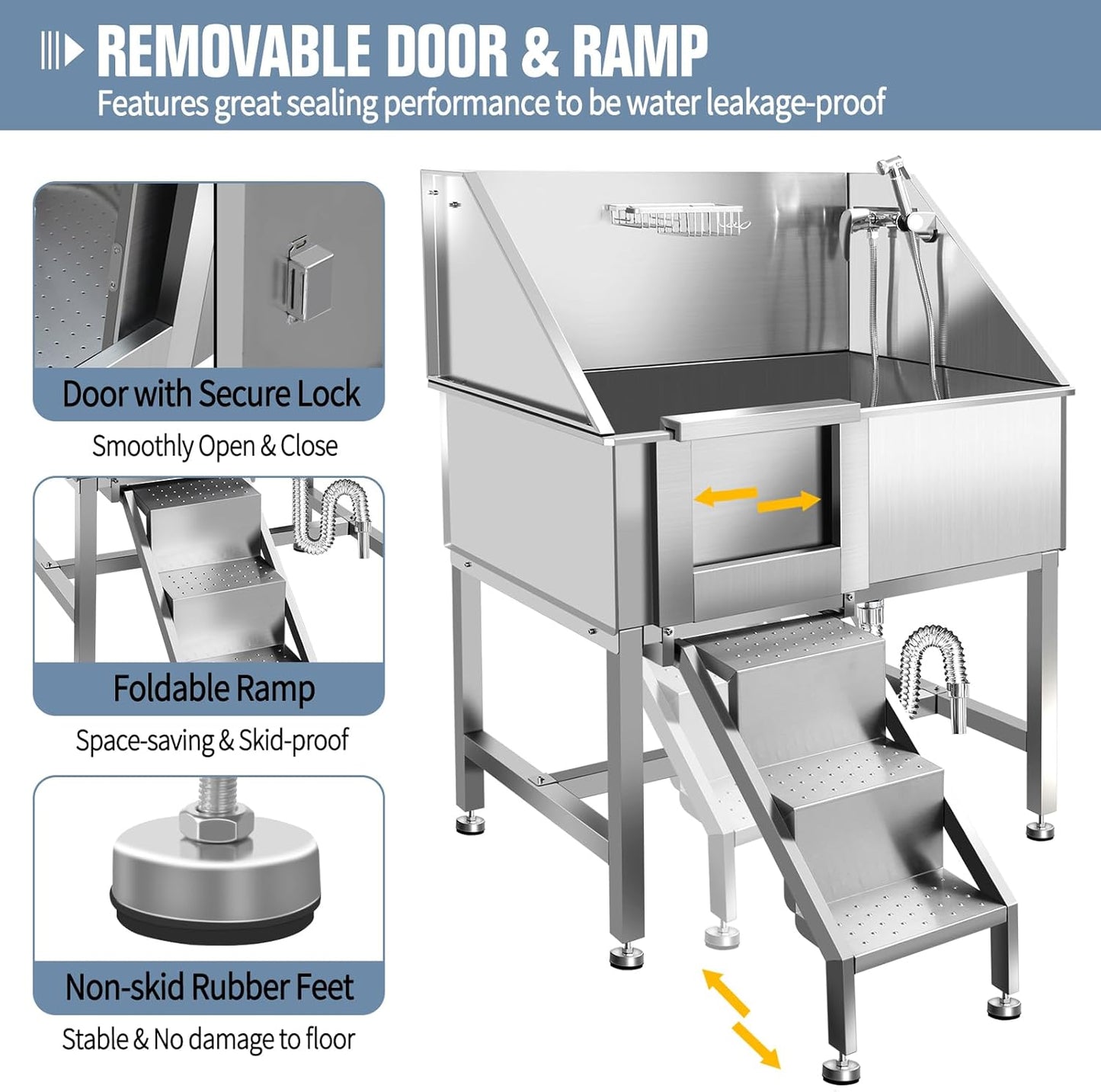 38" Dog Bathing Station, Professional Dog Washing Station Stainless Steel Dog Grooming Tub for Home,Equipped with Three Anti-Slip Steps, Removable Door, Pet Wash Station for Pet,L-RAMP