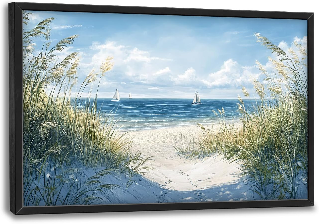 Framed Large Beach Wall Art for Living Room, Oversized Coastal Nautical Wall Decor Sailboat Canvas Seaside Pictures Modern Artwork Home Decoration for Living Room Bedroom Office 36"x24"