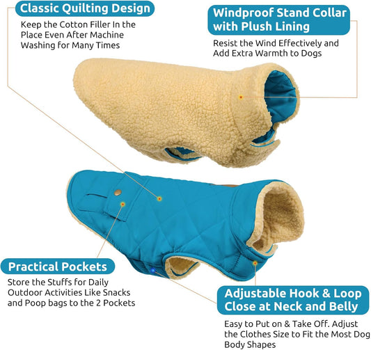 Queenmore Dog Winter Coat Warm Puffer Jacket Waterproof Plush Lining Thermal Cold Weather Vest for Small Medium Large Dogs, Windproof Easy On Pet Jacket Blue L