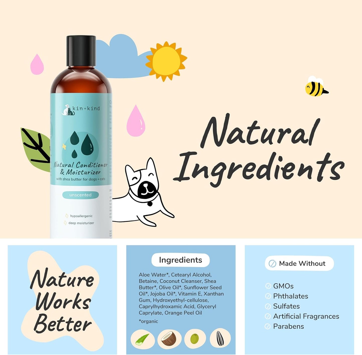 kin+kind Cat & Dog Conditioner with Shea Butter, Aloe & Betaine – All-Natural Pet Supplies to Moisturize, Soften & Restore Coat, Shed Control & Coat Defense for Dogs and Cats, Made in USA - 12 fl oz