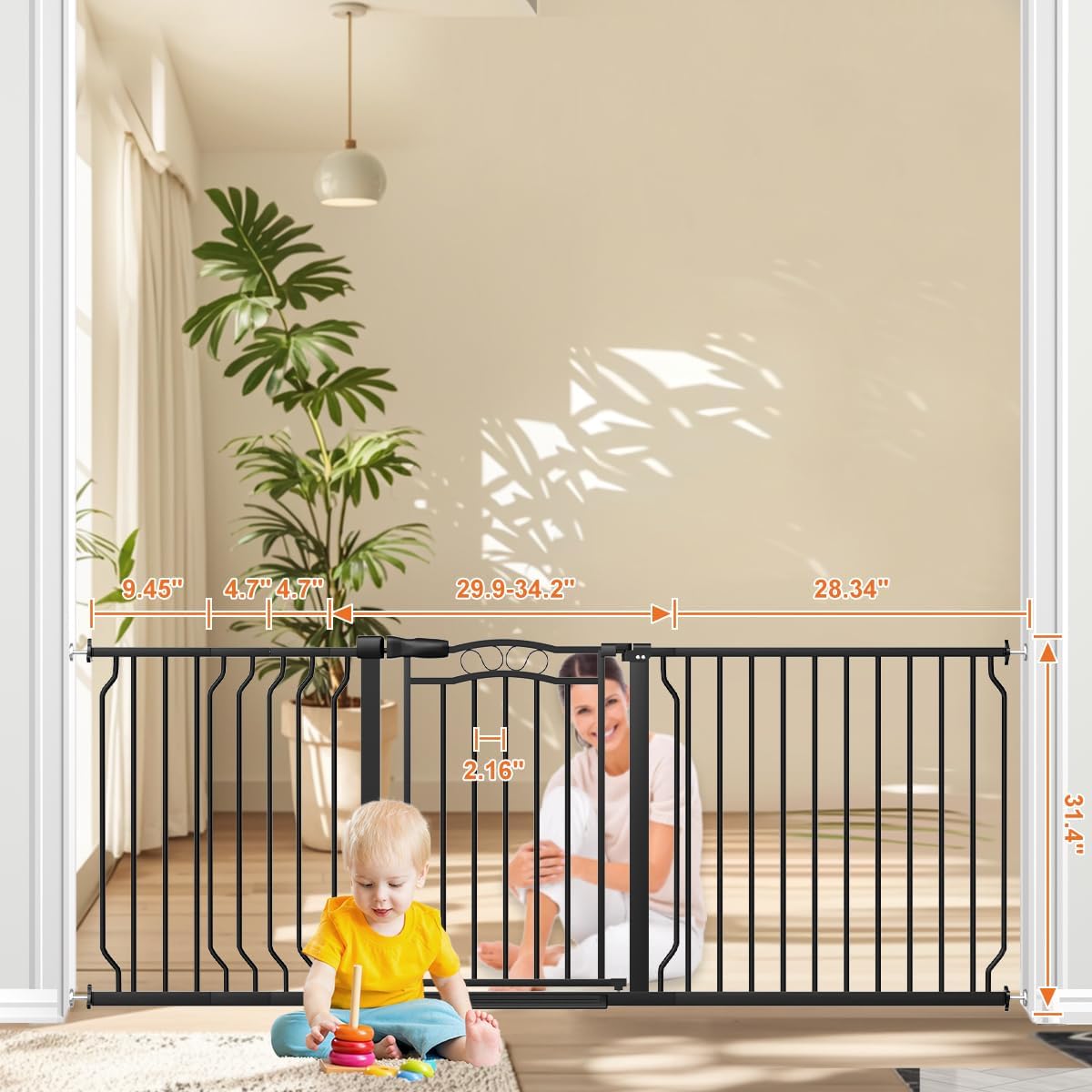 67.3-81.1" Extra Wide Baby Gate for Stairs No Drilling, 30" Tall Auto Close Press Mounted Baby Gate for Doorways, Adjustable Width Walk Through Long Gates for Kids or Pets, Black