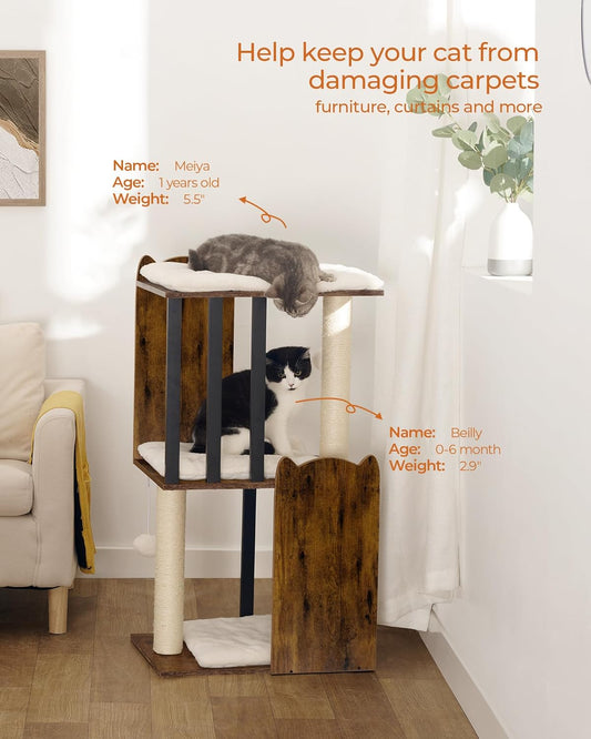 FourFurPets 35.4in 3-Tier Modern Cat Tree Tower Condo, Cat Scratch Posts for Indoor Cats, Big Plate, Two Full Sisal Scratching Posts, Rustic Brown