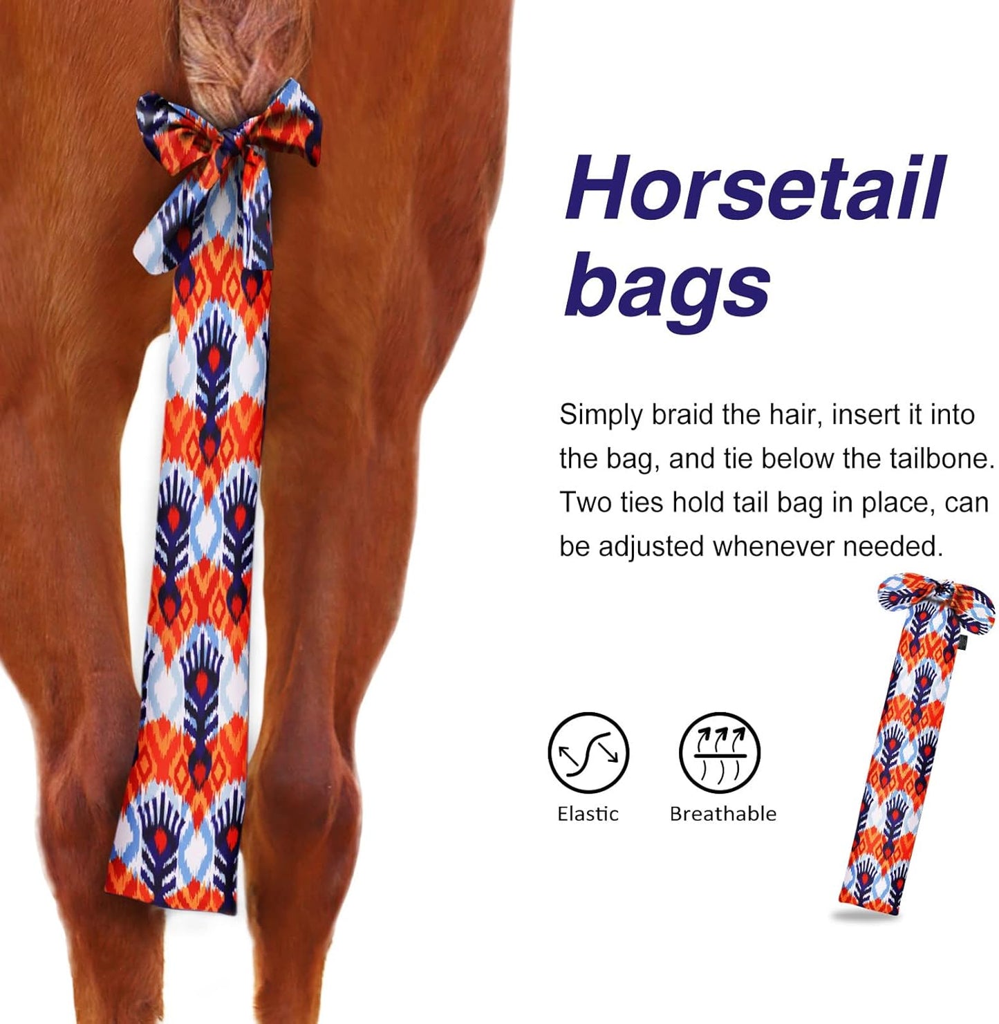 Harrison Howard Stretchy Tail Bag Breathable Horse Tail Guard Slip on Design Protect Horse Tail 2 Strand Closure Straps Keep Tail Clean & Protected 22" L Length Makes Grooming Easy-Tribal Abstract