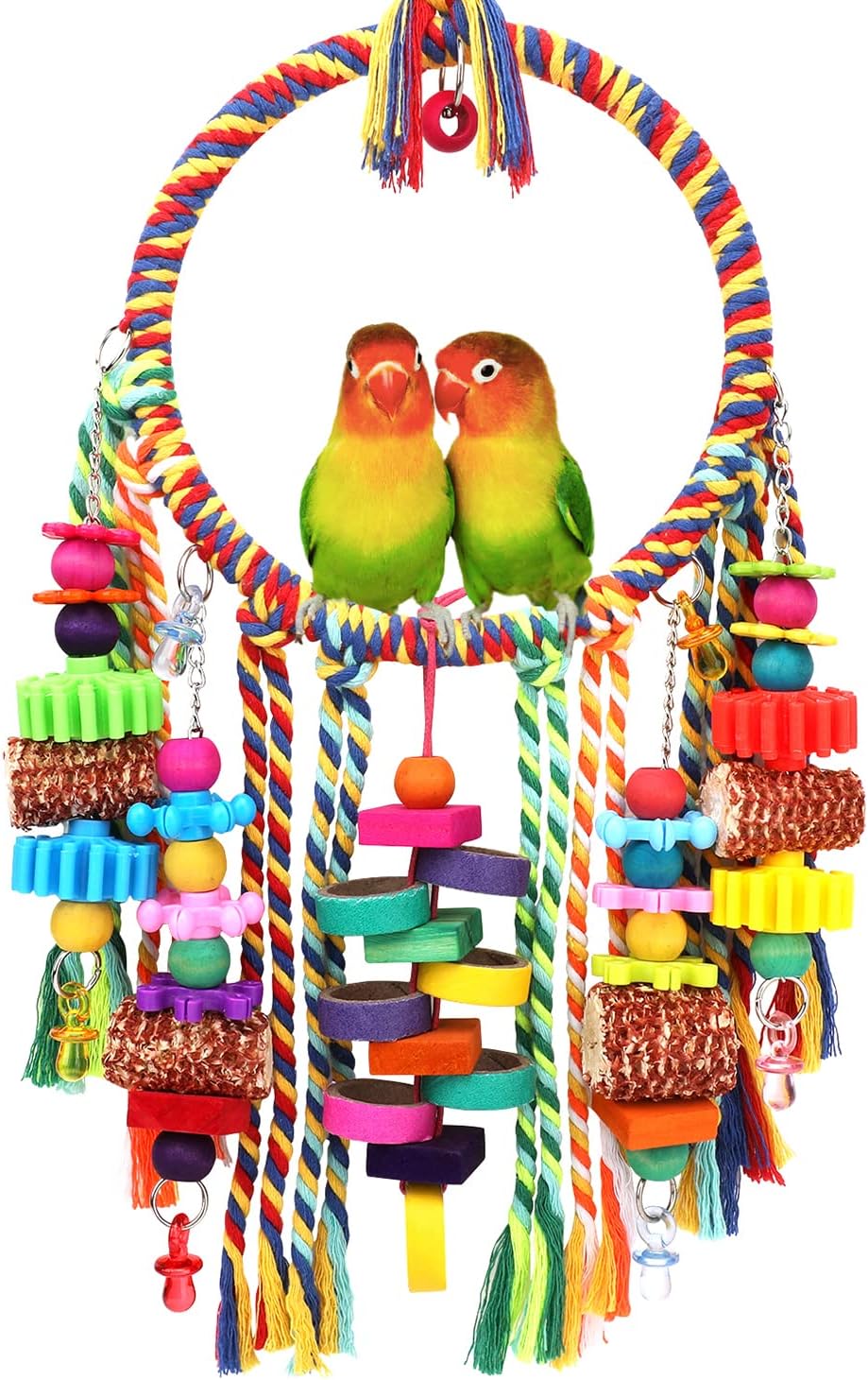 Bird Toys Bird Rope Ring Swing Perch with Corn Cob Cardboard Bagels Wooden Blocks Chewing Toys for Parakeets,Cockatiels,Conure,Lovebirds,Finches and Other Small-Sized Birds