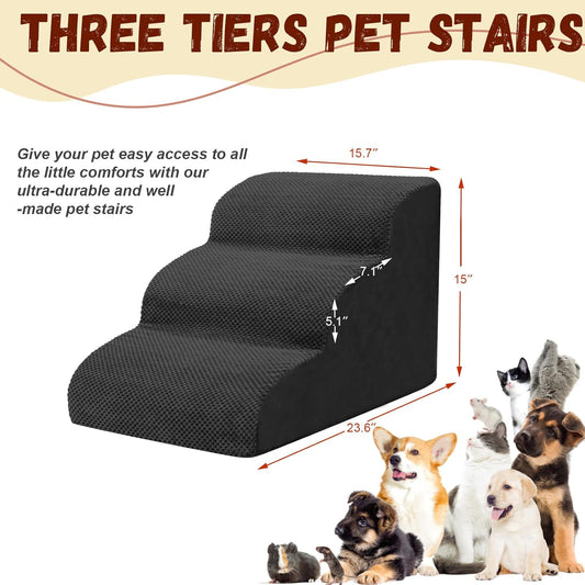 Dog Stairs for Small Dogs - High Density Foam Pet Steps, Extra Wide Dog Ramp with Non-Slip Bottom for High Beds, Couch and Sofa, Best for Dogs Injured, Older Doggy Cats,3 Steps, Black