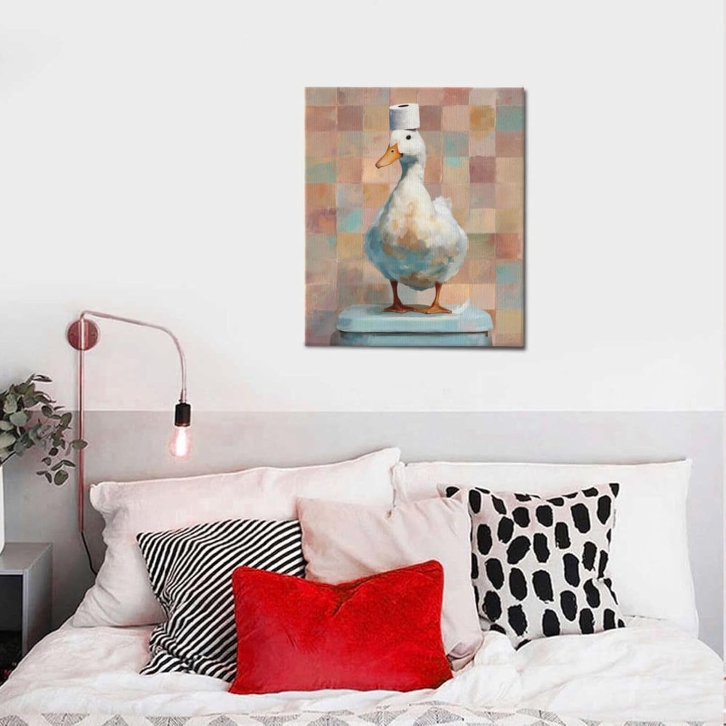 Funny Duck Bathroom Wall Art Cute Duck on Toilet Canvas Wall Decor Funny Quirky Farm Animal Pictures Painting Print Framed Artwork Decorations Gifts for Bathroom 20"x24"