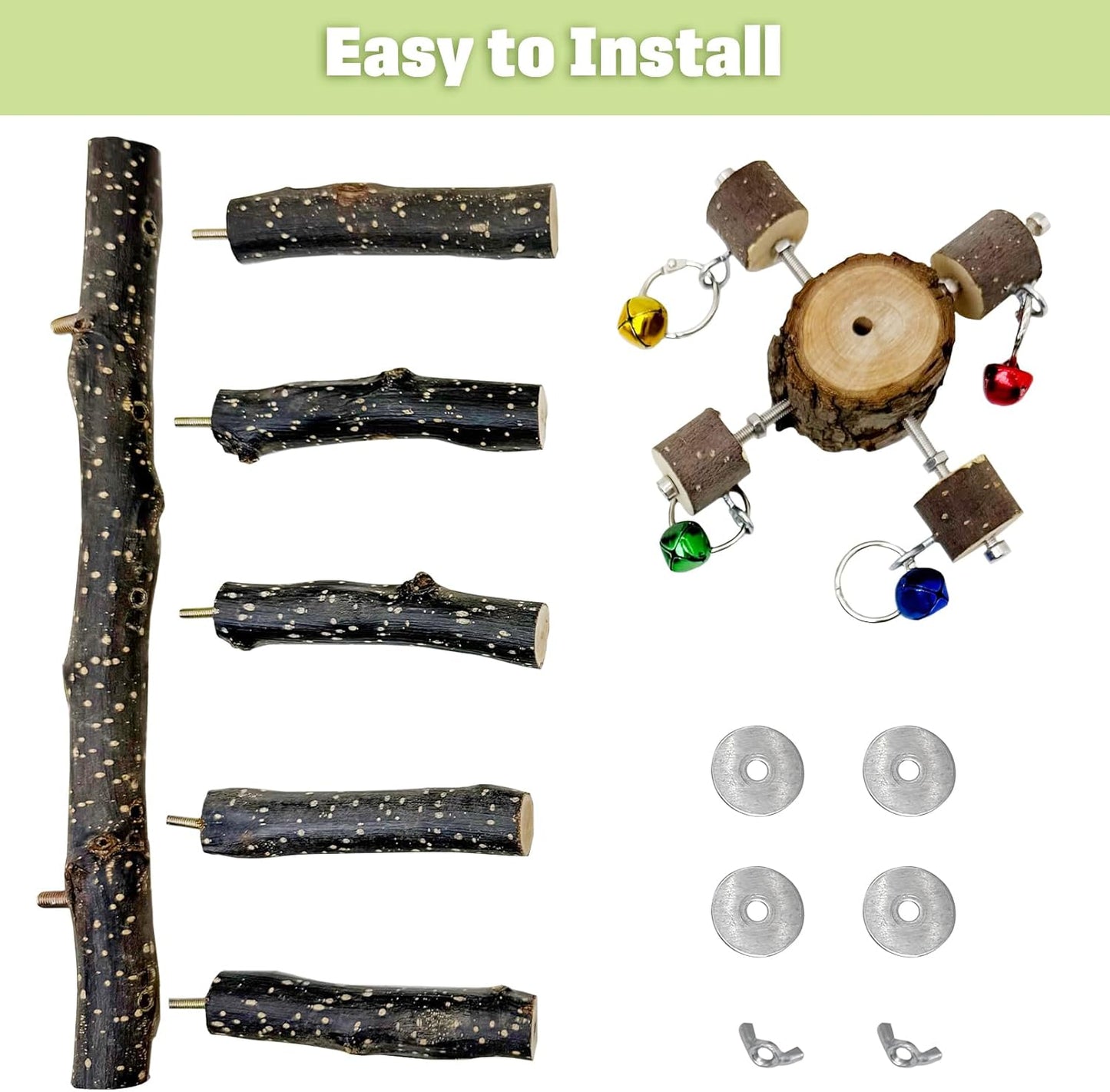 BNOSDM Natural Wood Bird Ladder Perch with Rotating Bell Toys-Exercise Stands for Parrot Climbing Chewing Parakeet Bridge Cage Accessories for Cockatiel, Conures, Lovebirds, Budgie