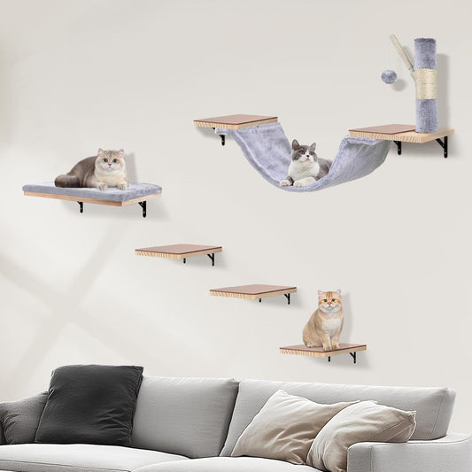 Cat Shelves for Wall, Wall Mounted Cat Furniture Set,with Hammock,Jumping Boards,Sofa,Steps,ScratchingPost,Hanging Ball and Felt Pads, Suit for Cats Climb, Jump,Scratch-Gray