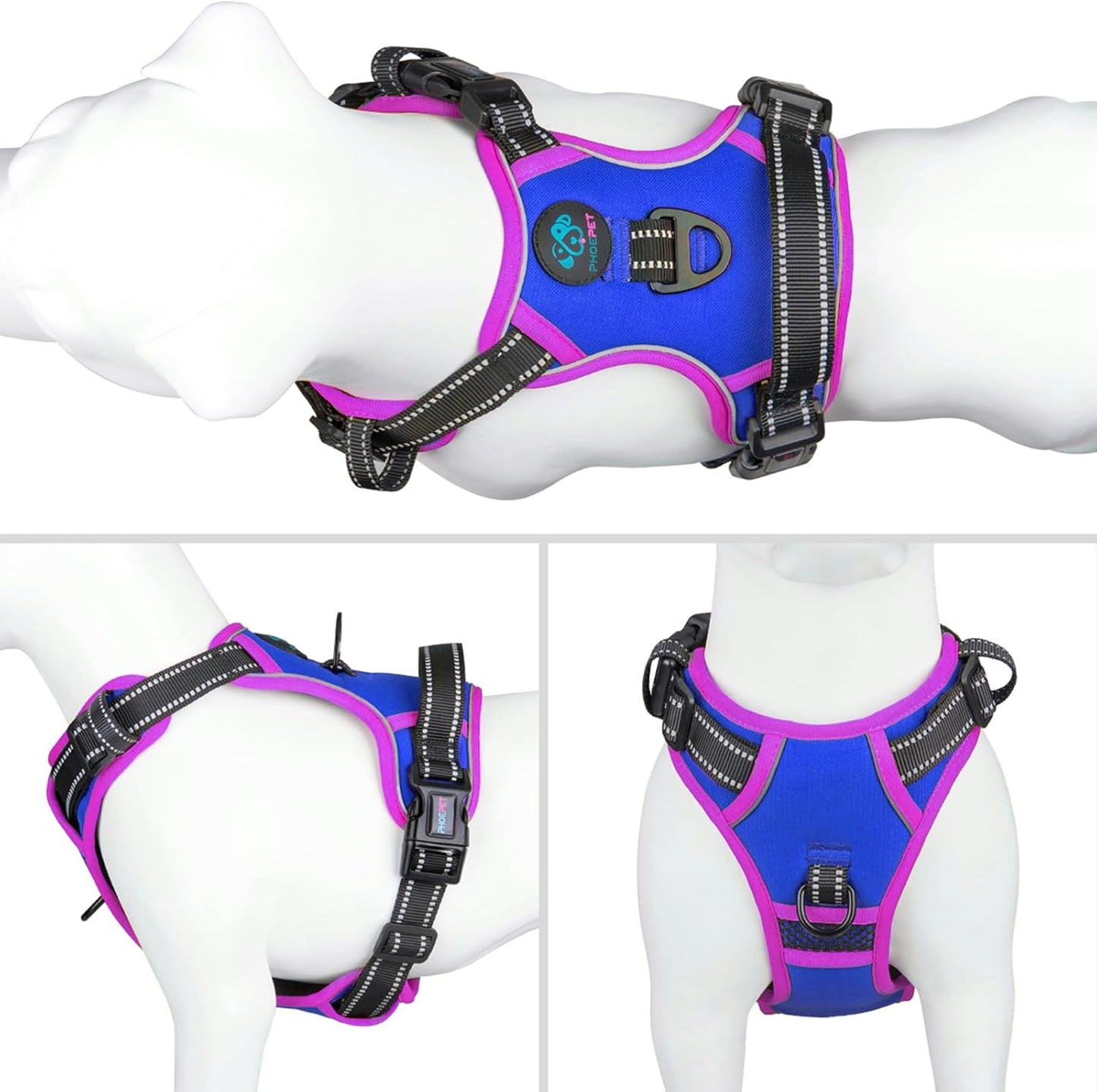 PHOEPET 2019 Upgraded No Pull Dog Harness, Reflective Adjustable Vest, with a Training Handle + 2 Metal Leash Hooks+ 3 Snap Buckles +4 Slide Buckles(L, Royal Blue)