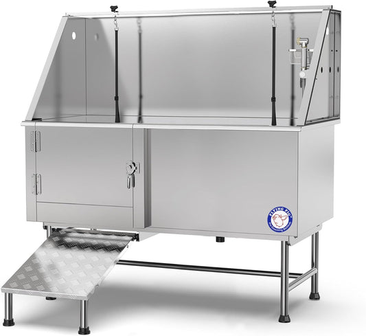 Flying Pig 62" Stainless Steel Pet Dog Grooming Bath Tub with Walk-in Ramp & Accessories (Left Door/Right Drain)