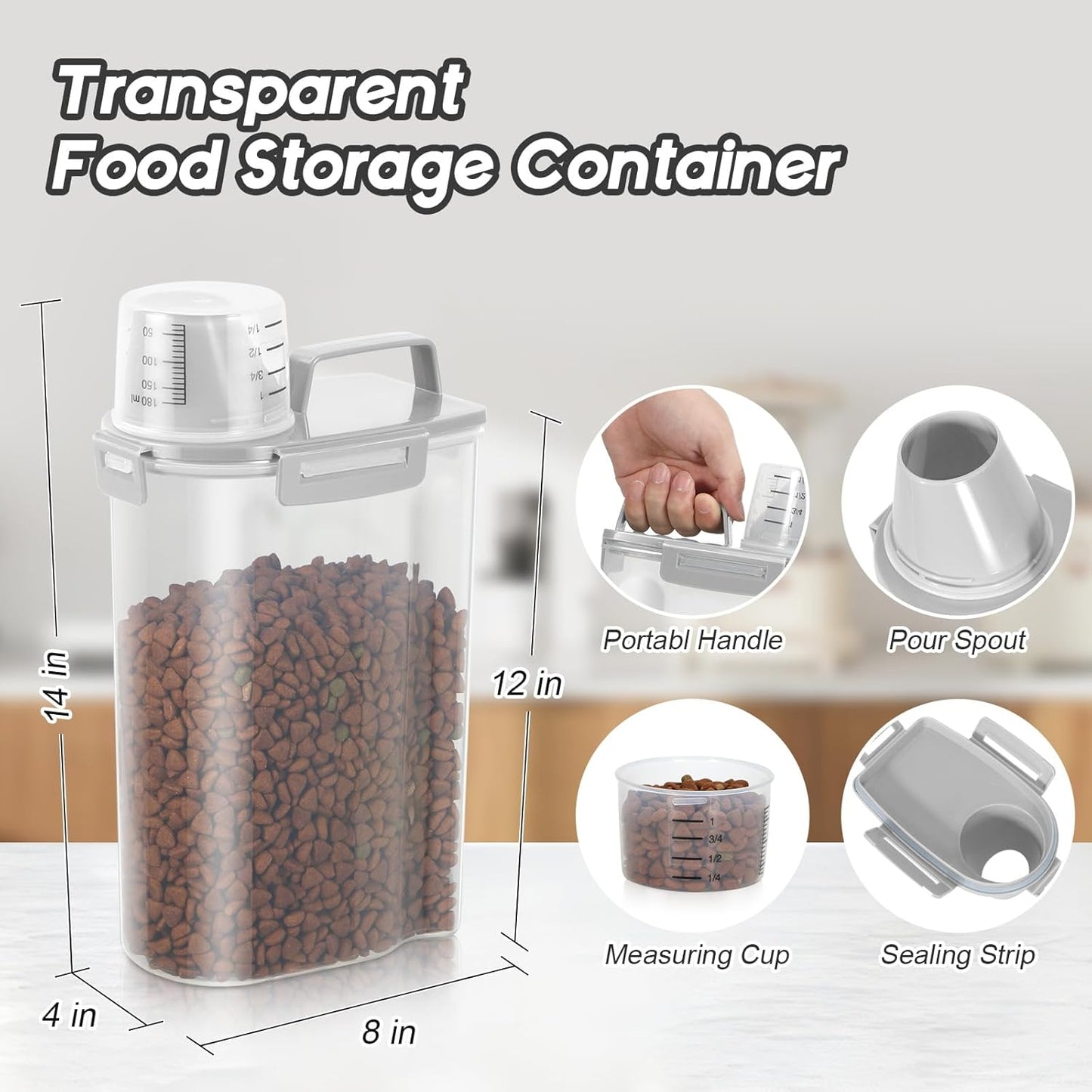 Dog Food Storage Container, Upgraded Large Nozzle BPA-free, 8-12 LBS Plastic Pet Food Storage Containers, With 4 Sealed Clasps, 1 Measuring Cup and Handle, Easy to Clean and Carry -2 Packs