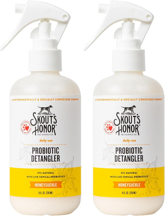 Skout's Honor Probiotic Pet Detangler Spray - Hydrating & Conditioning w/Avocado Oil, 97% Natural, Paraben & Sulfate-Free, softens for a More brushable Coat, Daily Use, 8oz, Honeysuckle, 2-Pack