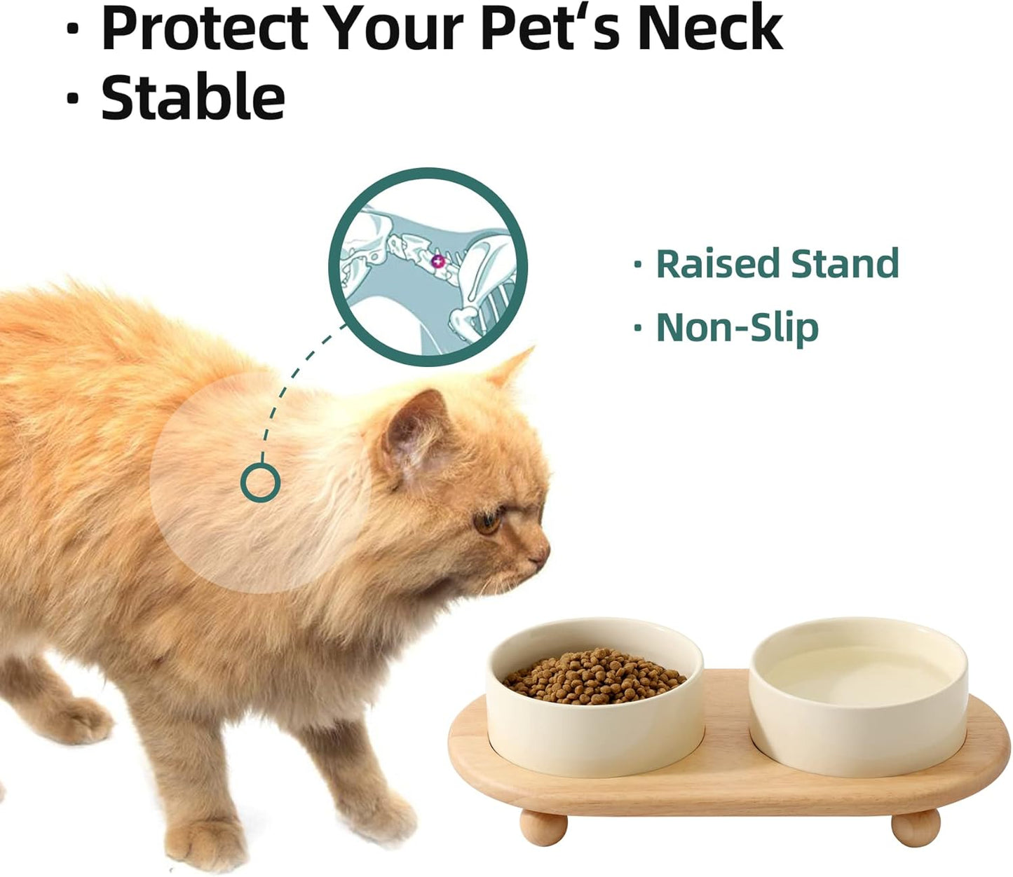 Ceramic Elevated Cat Food and Water Bowl, Kitty Bowl, Raised Cat Dish, Pet Feeder (5.1 in, 2 x Beige + Stand)