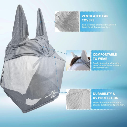 Harrison Howard UV-proof Multi-Function Fabrics Thick Fleece Padding Horse Fly Mask Half Face with Ears Original Grey Arabian Medium