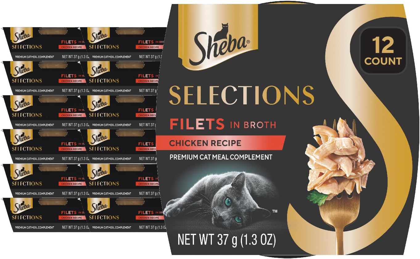 Sheba Selections Filets in Broth Adult Wet Cat Meal Complement Chicken Recipe, 1.3 oz. Cups, 12 Count