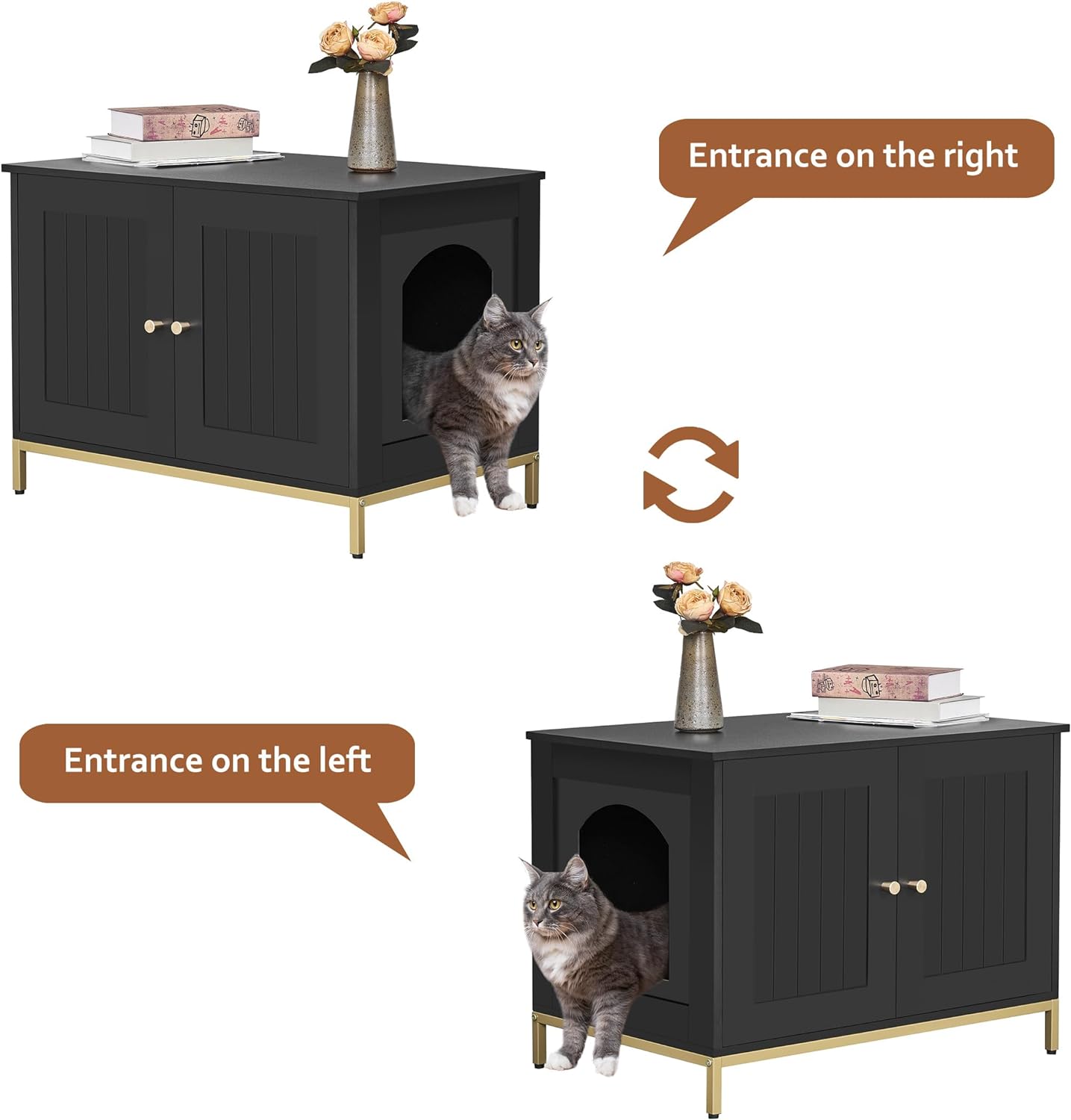 Homhedy Cat Litter Box Enclosure, Cat Washroom Furniture with Metal Frame, Pet House, Fit Most of Litter Box, Modern Style, Black and Gold