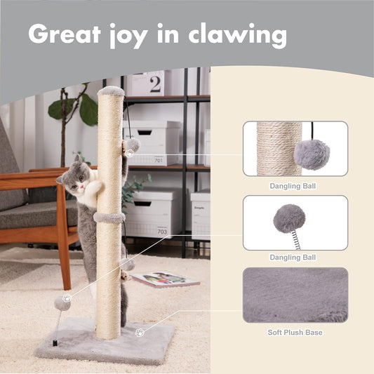 MECOOL 34“ Tall Cat Scratching Post Premium Basics Kitten Scratcher Sisal Scratch Posts Trees with Hanging Ball for Indoor Cats, Gray
