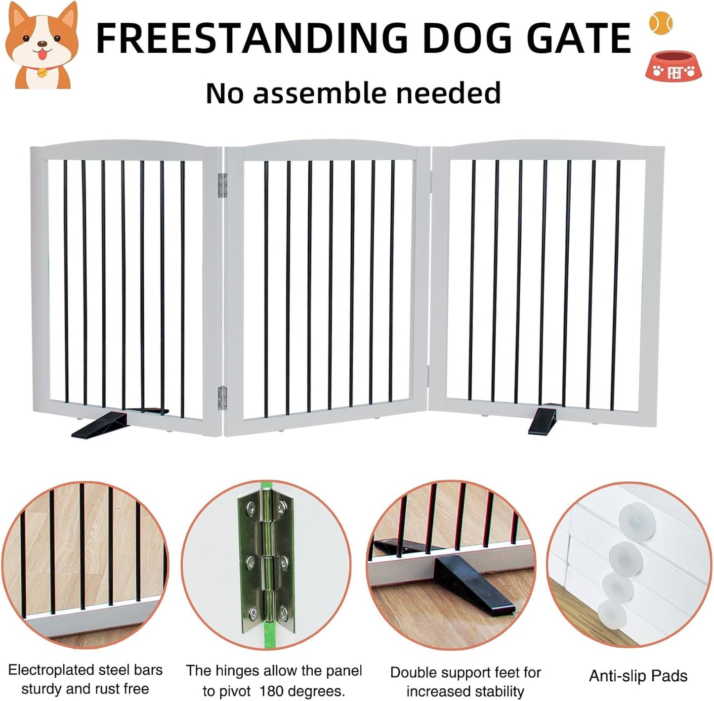 ZJSF Freestanding Panel Dog Gate for Indoor, Doorways,Stairs, or Hallways,Foldable Wooden White Pet Gates for House,Pet Gate for Dogs,Dog Fence, Puppy Gate,Support Feet Included,24 "Height-3 Panels