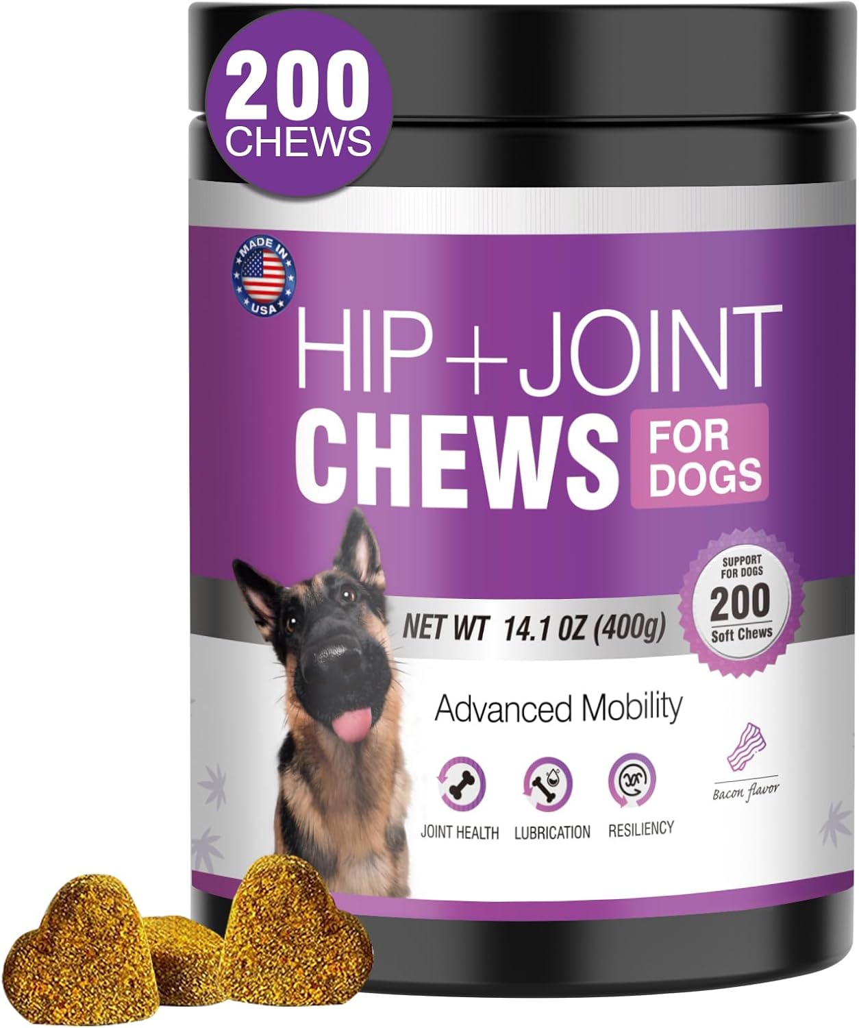 Glucosamine for Dogs 200pcs Joint Support Supplement Dog Hip and Joint Chondroitin Chews Treats with MSM Hemp Dog Joint Pain Relief Mobility Supplements Bacon Flavor Fit All Large Small Medium Breed