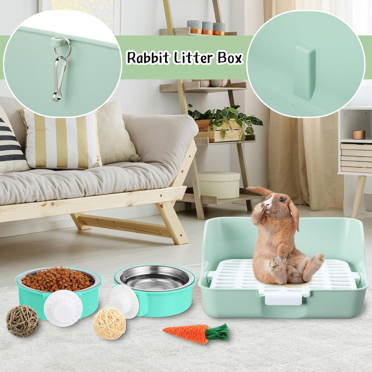 15 Pcs Rabbit Starter Kit Small Rabbit Litter Box Animal Grooming Kit Bunny Toys Bowl Blankets with Cleaning Set for Guinea Pig Accessories(Green)