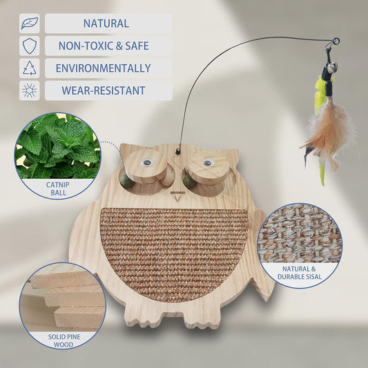 Petest Interactive Cat Toy Natural Sisal Cat Scratcher Toy with Catnip Balls, Owl Design