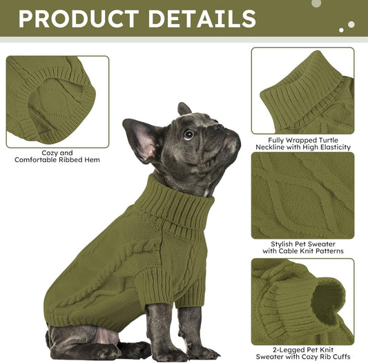 Queenmore Small Dog Pullover Sweater, Cold Weather Cable Knitwear, Classic Turtleneck Thick Warm Clothes for Chihuahua, Bulldog, Dachshund, Pugl,OliveGreen,L