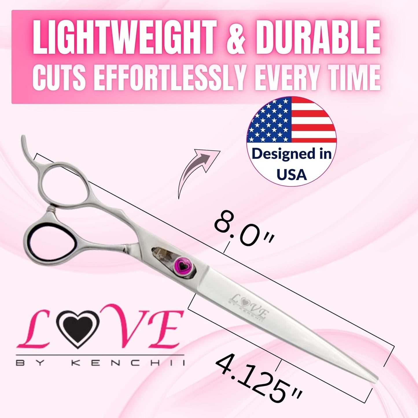 Kenchii Love Left Handed Dog Grooming Scissors, 8 Inch Straight Shears, Dog Scissors for Grooming, Professional Pet Grooming Scissors, Ergonomic & Comfortable