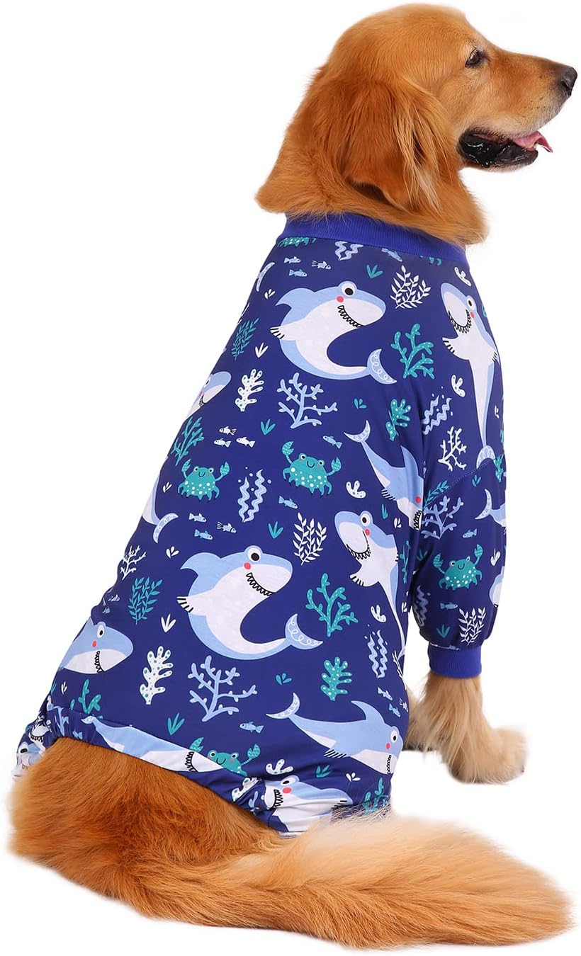 HDE Dog Pajamas One Piece Jammies Jumpsuit Pet Clothes Outfit Stretchy Lightweight Comfy Shirt Pjs for M-3XL Dogs Sharks - L