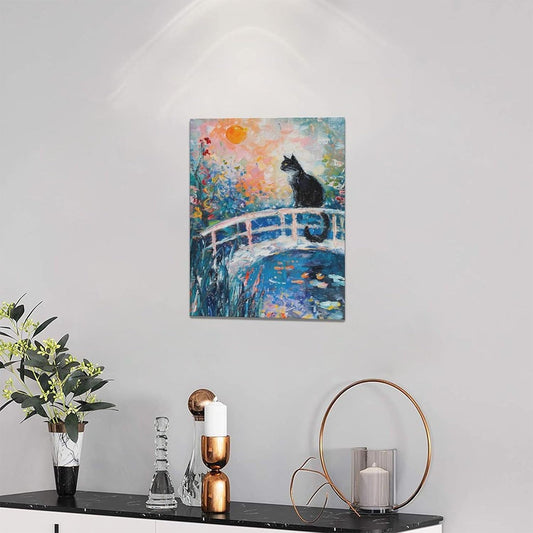 Quorin Black Cat Wall Art Water Lily Sunset Pictures Cat Wall Decor Impressionism Canvas Print Painting Artwork for Bathroom Living Room Bedroom 12"x16"