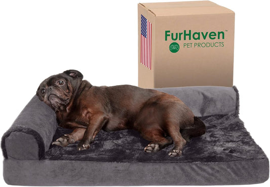 Furhaven Cooling Gel Dog Bed for Medium/Small Dogs w/ Removable Bolsters & Washable Cover, For Dogs Up to 35 lbs - Plush & Velvet L Shaped Chaise - Platinum Gray, Medium