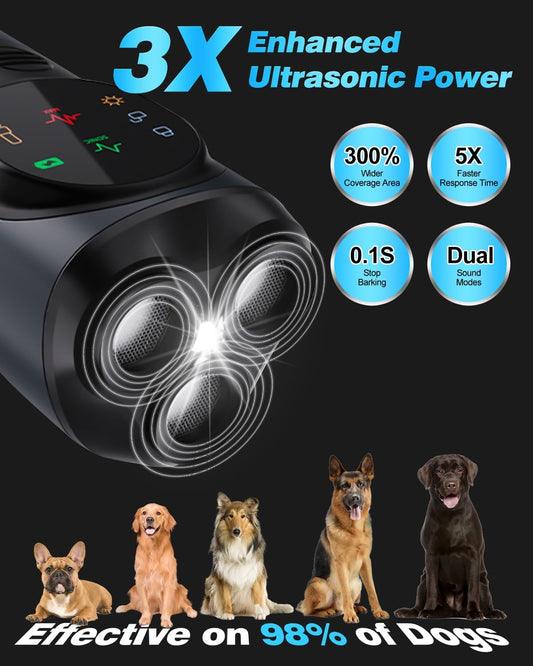 2025 Ultrasonic Dog Bark Deterrent Devices with 3 Emitters & SOS Flashlight, Humane Anti-Bark Trainer, 50FT Range, 90-Day Battery, Multi-Mode Rechargeable Dog Deterrent for Indoor & Outdoor Use