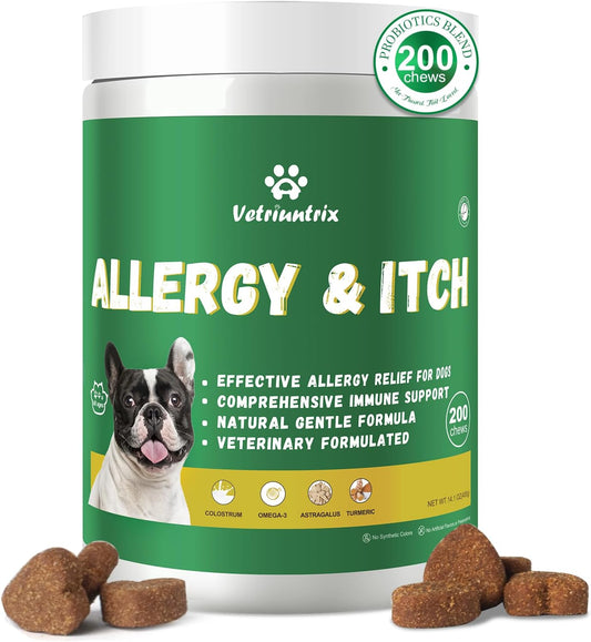 Dog Allergy Chews, Dog Itch Relief Chews for Large Dogs Paw Licking Itchy Skin, Probiotics with Omega-3 Turmeric Astragalus for Coat Immune Supplement-200ct